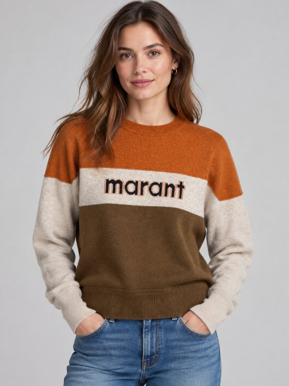 Isabel Marant Etoile Tricolor Intarsia Logo Crewneck Knit Sweater FR 38